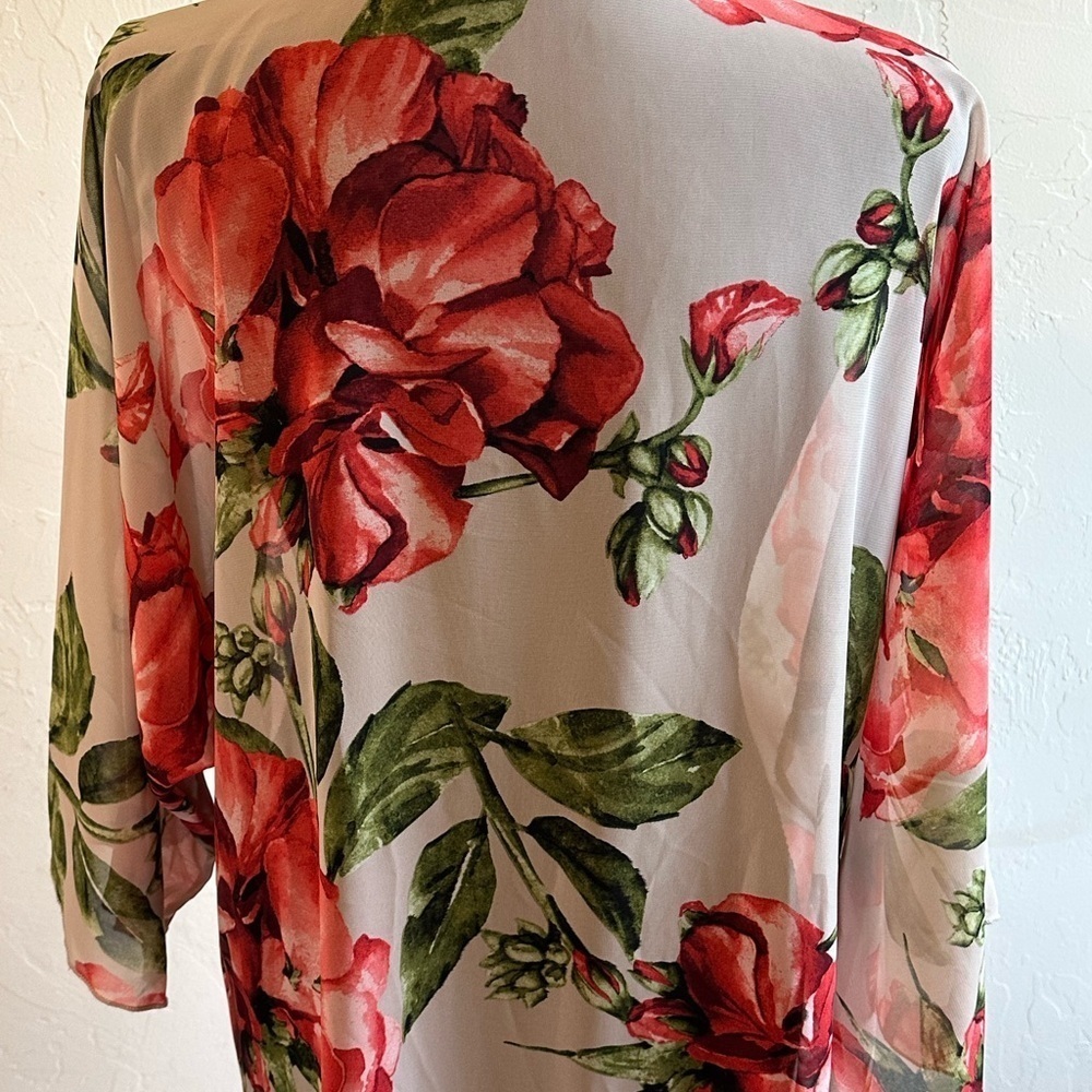 Tan with Red Roses Floral Sheer Bell Sleeves Kimono Swimsuit Cover-Up - Picture 7 of 10